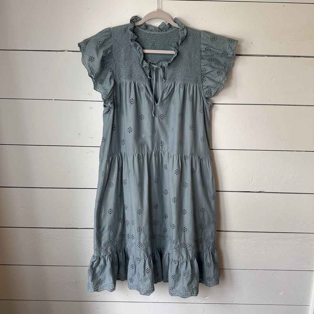 Sea New York Sage Green Eyelet Cotton Ruffle Tiered Dress L Smocked Boho Coastal